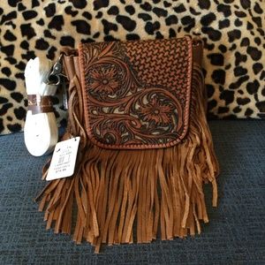 Montana West Genuine Leather Floral Tooled Fringe Crossbody